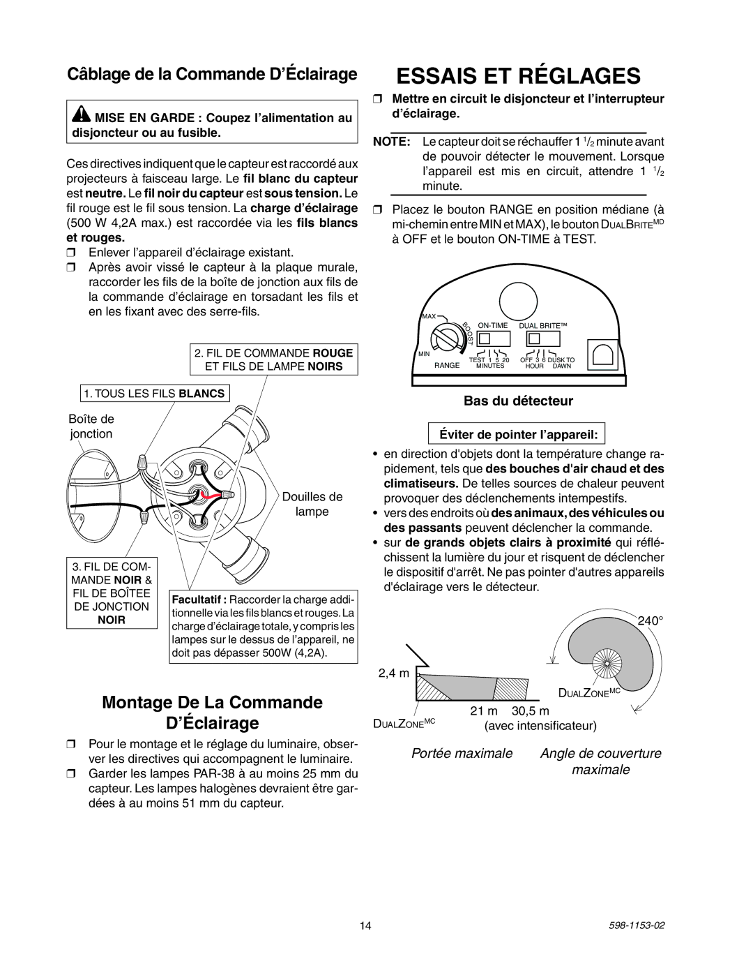 Heath Zenith SH-5316 manual Essais ET Réglages, Portée maximale Angle de couverture, Éviter de pointer l’appareil 