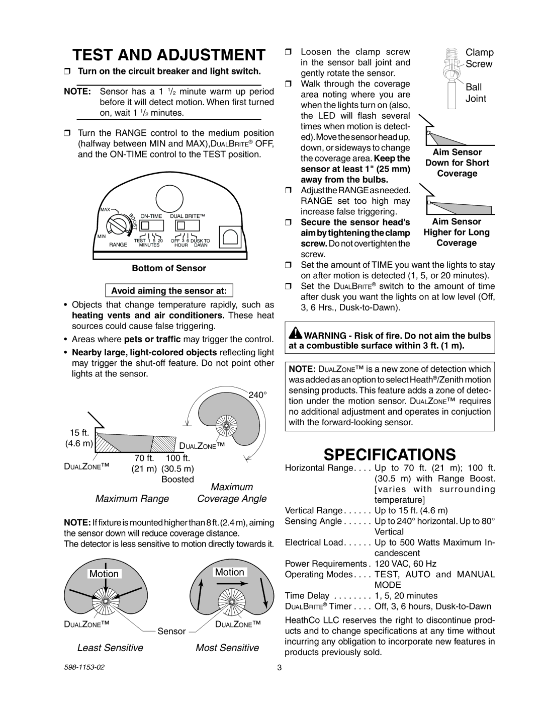 Heath Zenith SH-5316 manual Test and Adjustment, Specifications, Maximum Range, Least Sensitive Most Sensitive 