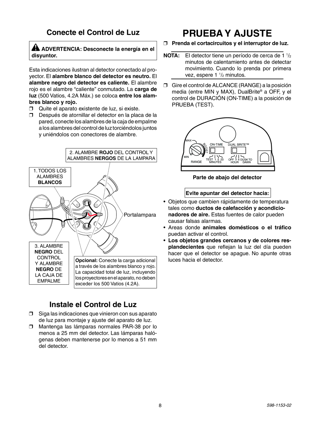 Heath Zenith SH-5316 manual Prueba Y Ajuste 