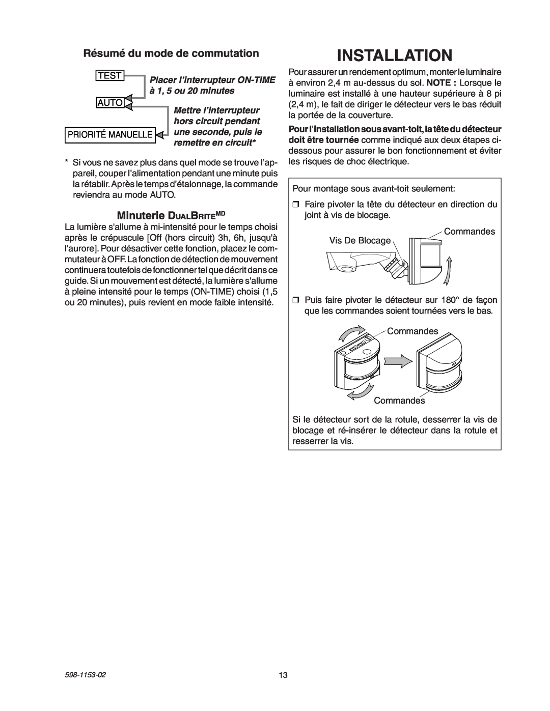 Heath Zenith SH-5316 manual Installation, Résumé du mode de commutation, Minuterie DualBriteMD 