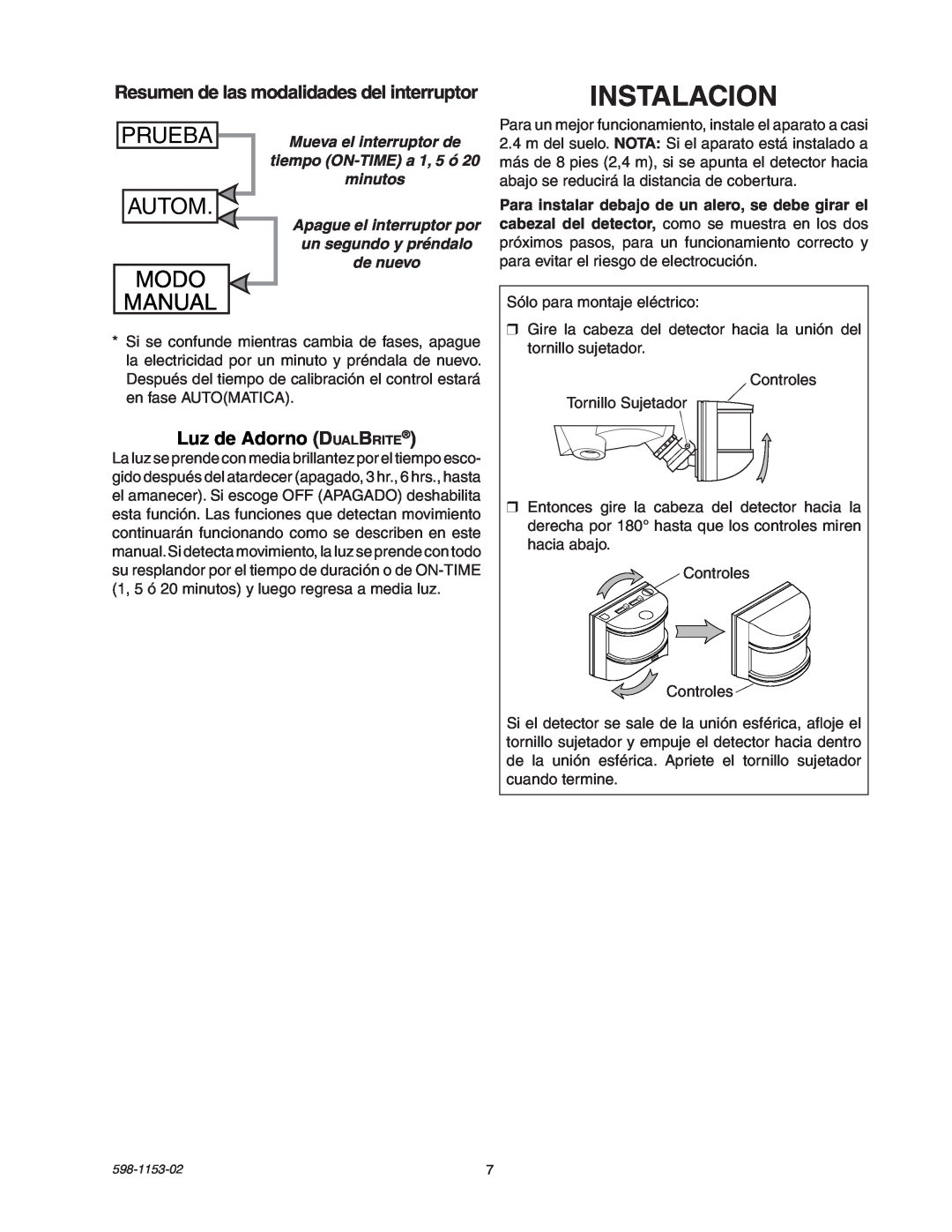 Heath Zenith SH-5316 manual Instalacion, Autom, Modo, Manual, Prueba, Luz de Adorno DualBrite 