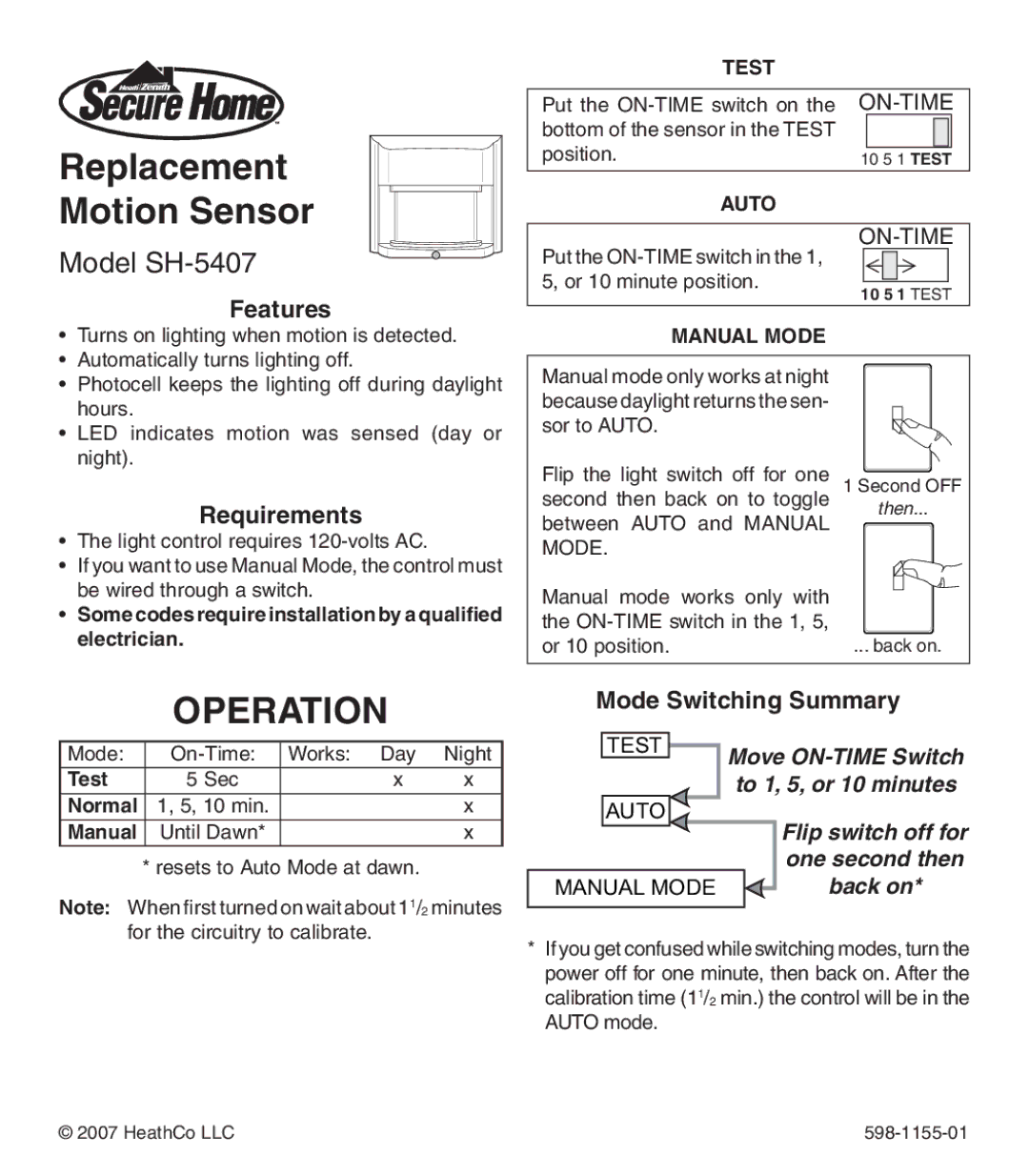 Heath Zenith manual Operation, Model SH-5407, Features, Requirements, Mode Switching Summary 