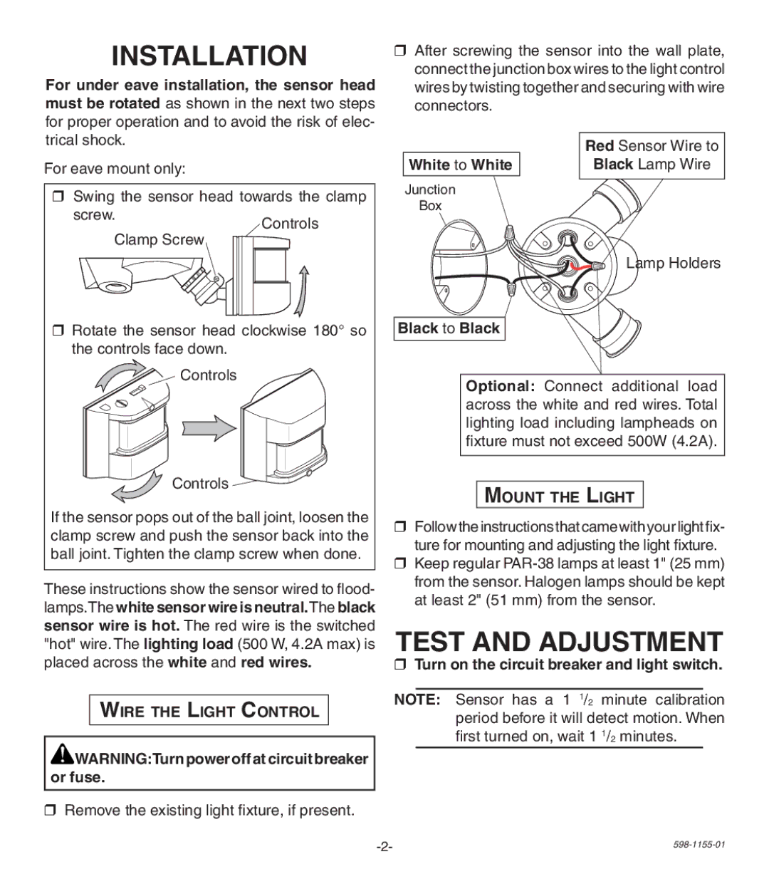 Heath Zenith SH-5407 manual Installation, Test and Adjustment, Wire the Light Control, Mount the Light 