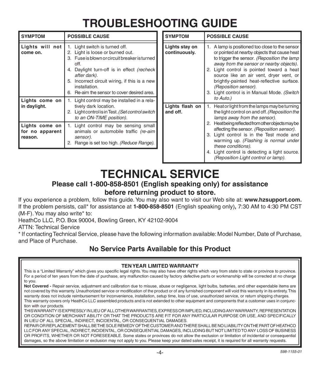 Heath Zenith SH-5407 manual Troubleshooting Guide, Technical Service, No Service Parts Available for this Product 