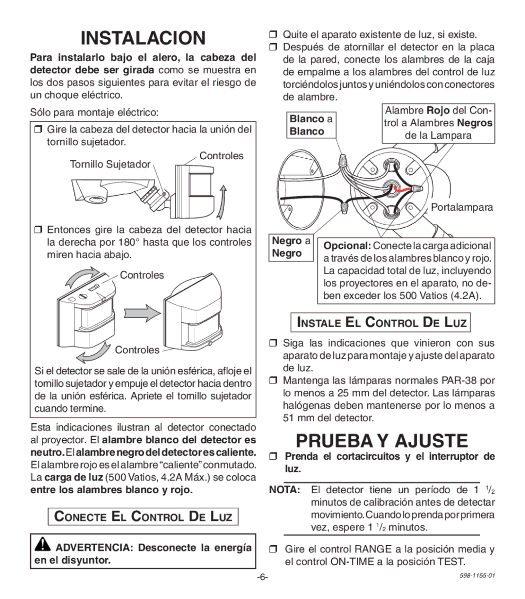 Heath Zenith SH-5407 manual Instalacion, Prueba Y Ajuste, Conecte EL Control DE LUZ, Instale EL Control DE LUZ 