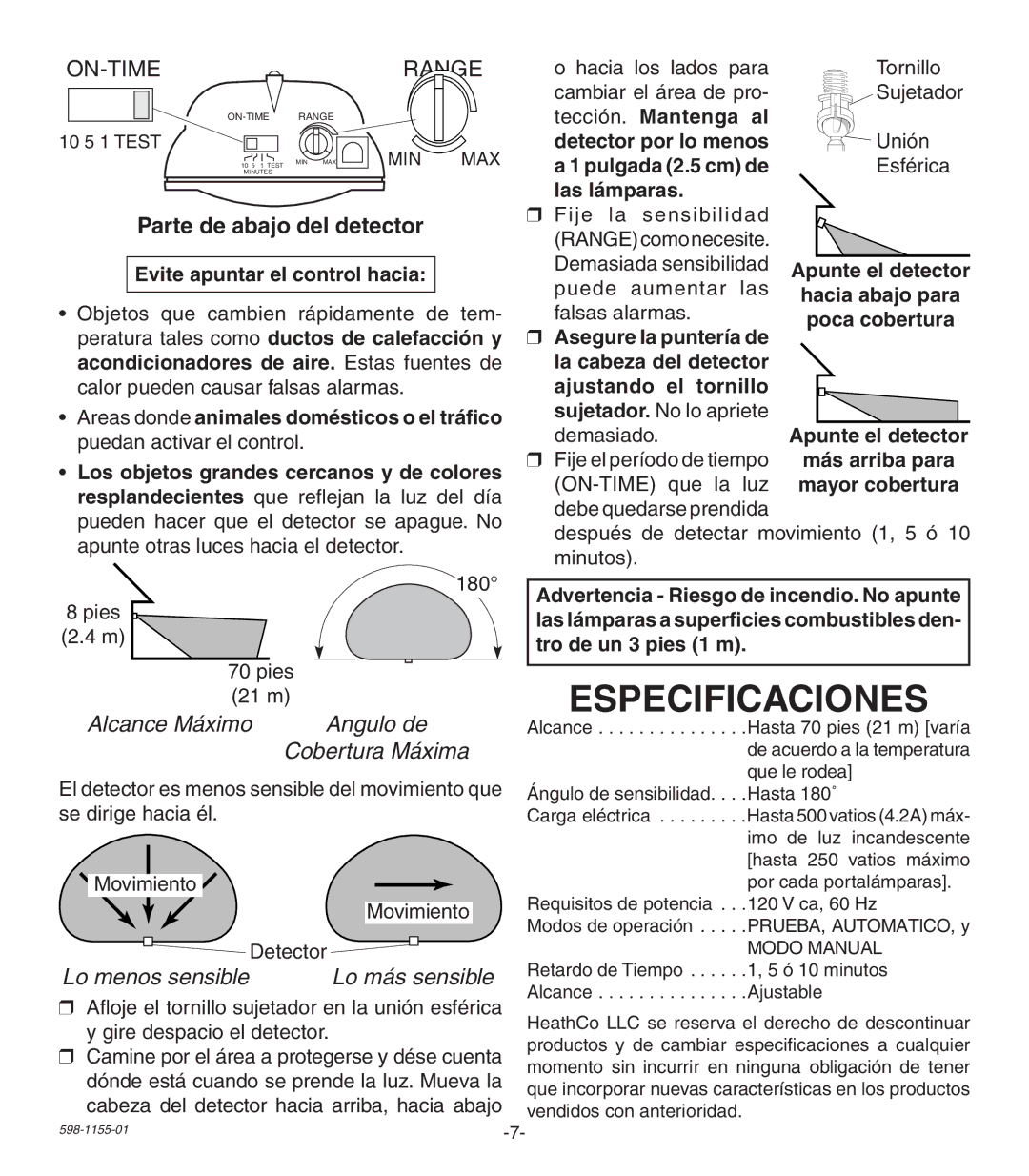 Heath Zenith SH-5407 manual Especificaciones, Parte de abajo del detector, Alcance Máximo Angulo de, Lo menos sensible 