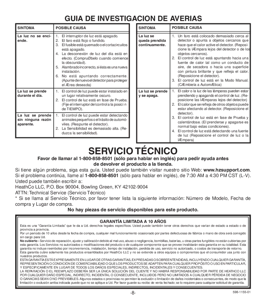 Heath Zenith SH-5407 manual Servicio Técnico, Garantía Limitada a 10 Años 