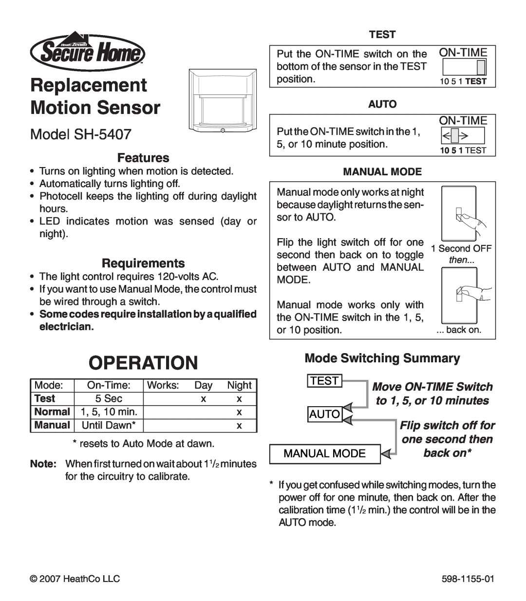 Heath Zenith manual Replacement Motion Sensor, Operation, Model SH-5407, Features, Requirements, Mode Switching Summary 