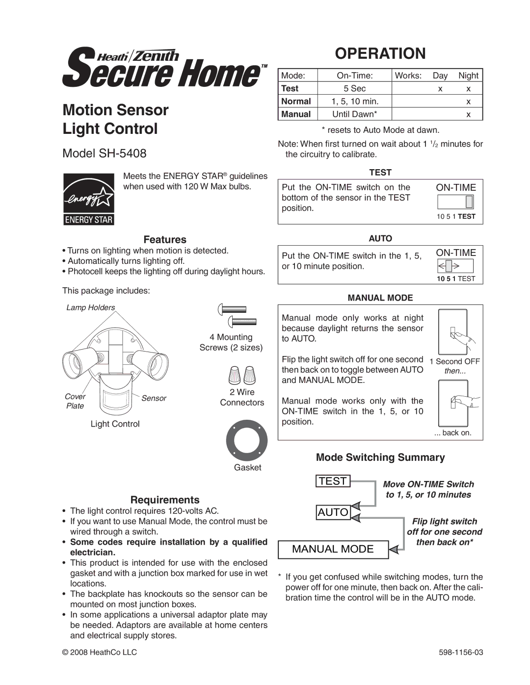 Heath Zenith SH-5408 manual Motion Sensor Light Control, Operation, Features, Requirements, Mode Switching Summary 