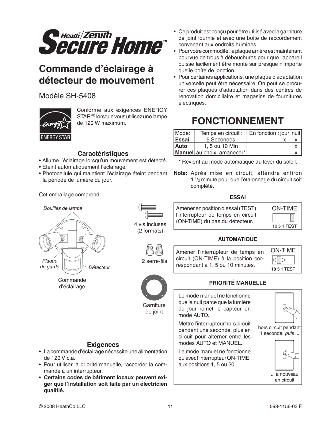 Heath Zenith SH-5408 manual Commande d’éclairage à détecteur de mouvement, Fonctionnement, Caractéristiques, Exigences 