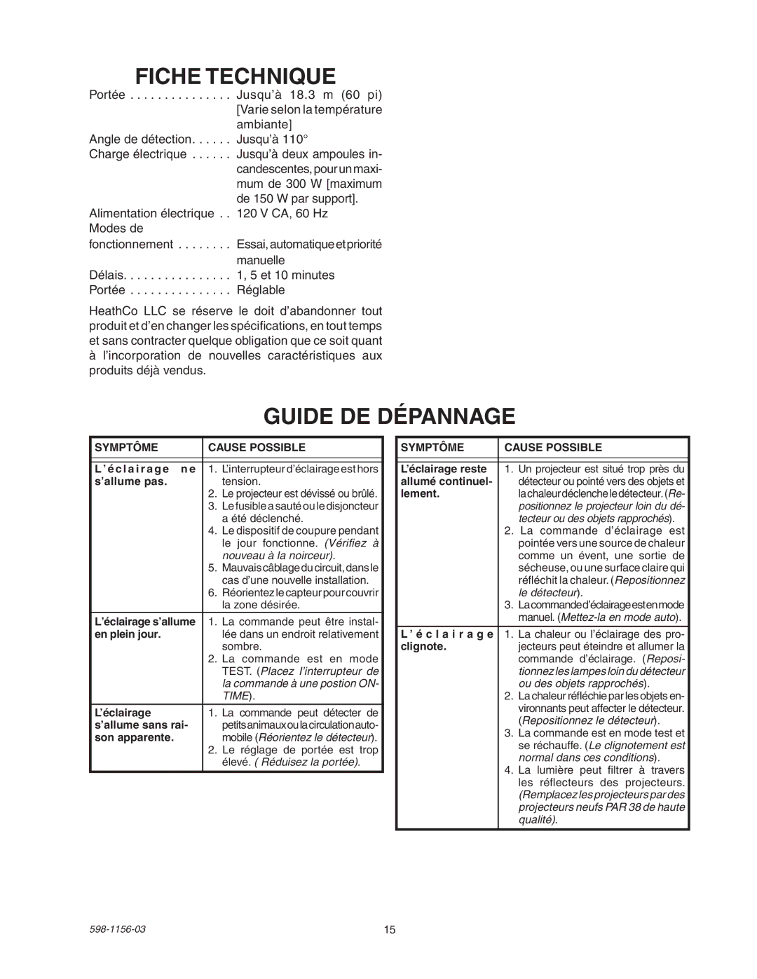 Heath Zenith SH-5408 manual Fiche Technique, Guide DE Dépannage 