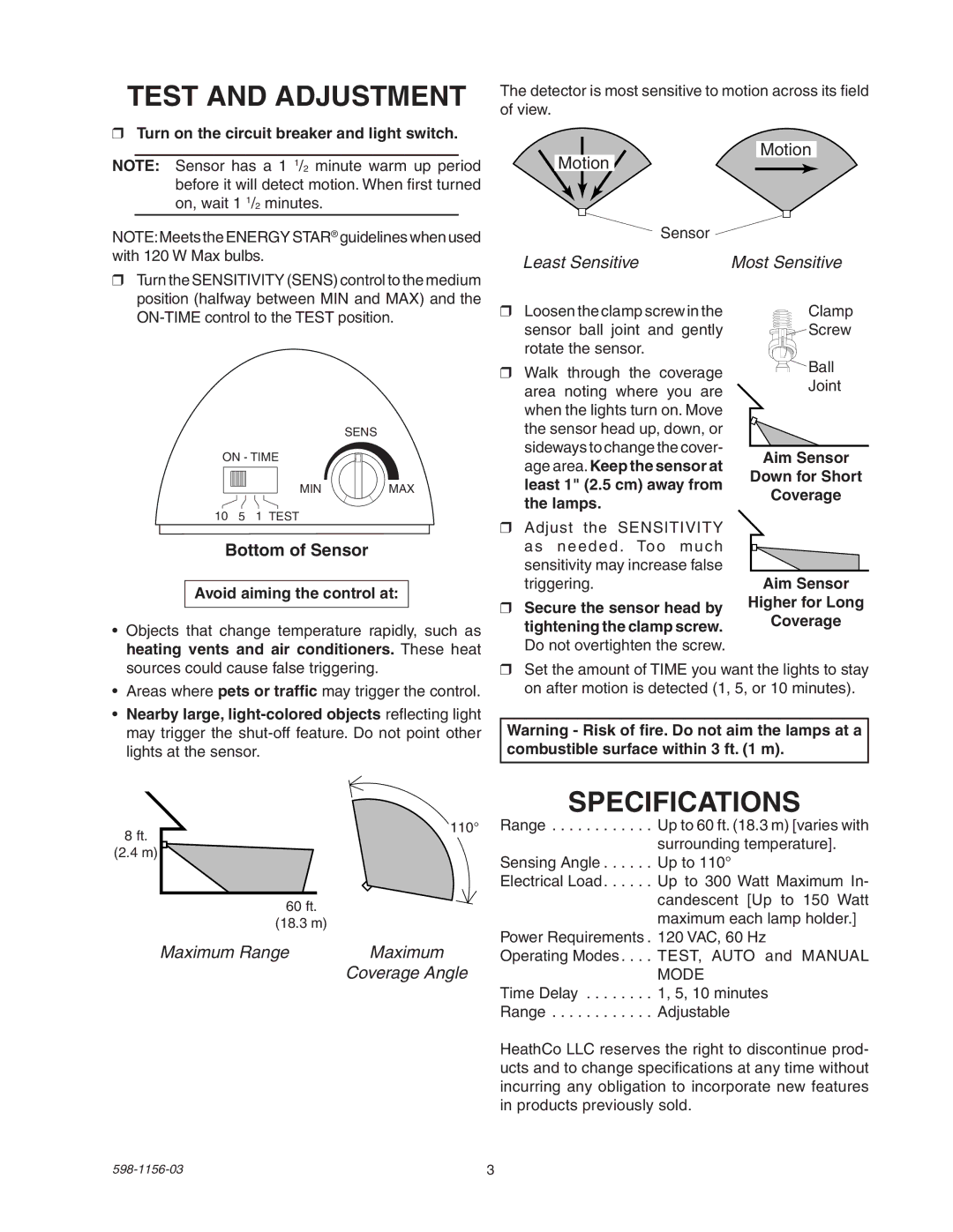 Heath Zenith SH-5408 manual Test and Adjustment, Specifications 