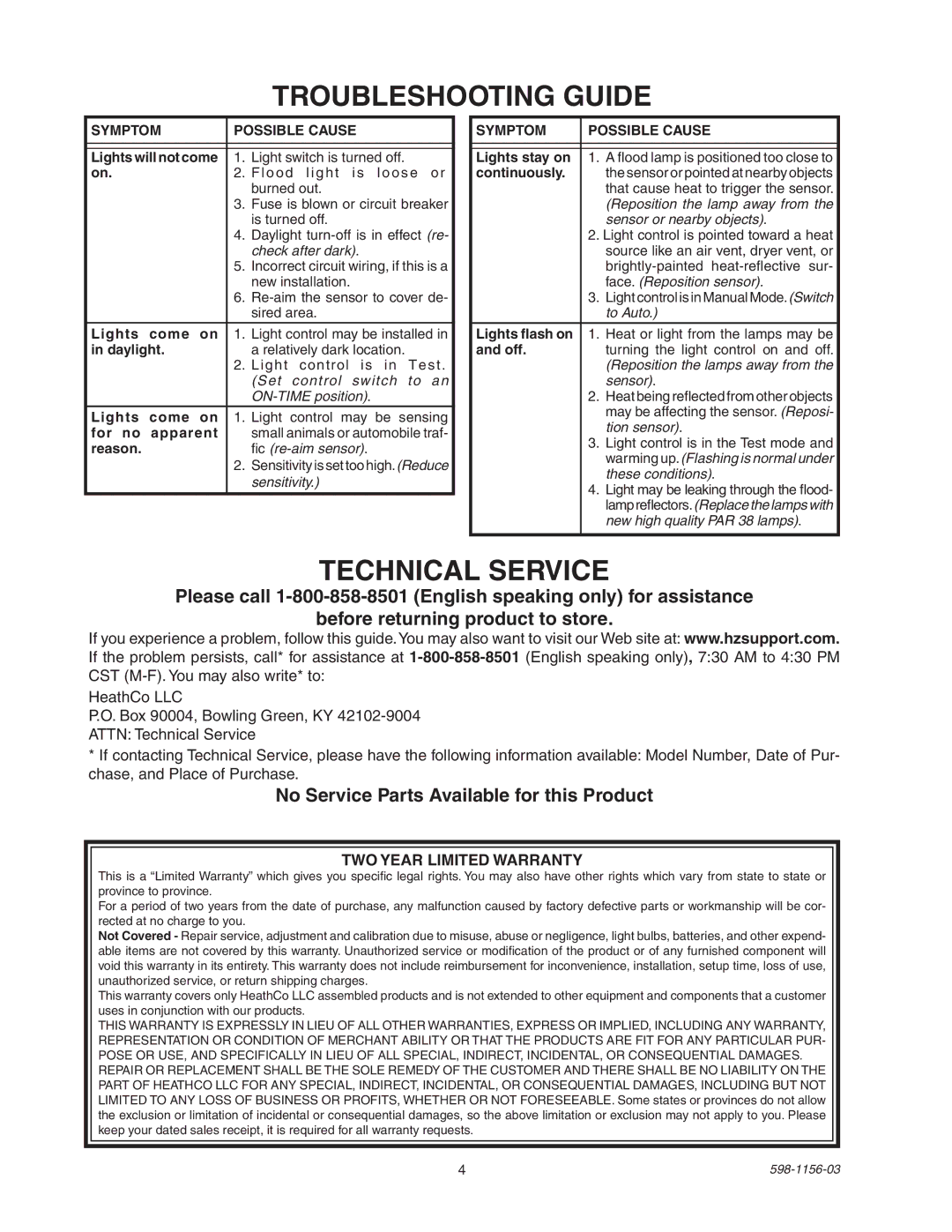 Heath Zenith SH-5408 manual Troubleshooting Guide, Technical Service, No Service Parts Available for this Product 