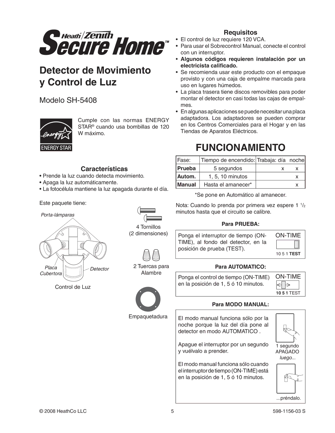 Heath Zenith SH-5408 manual Detector de Movimiento y Control de Luz, Funcionamiento, Características, Requisitos 