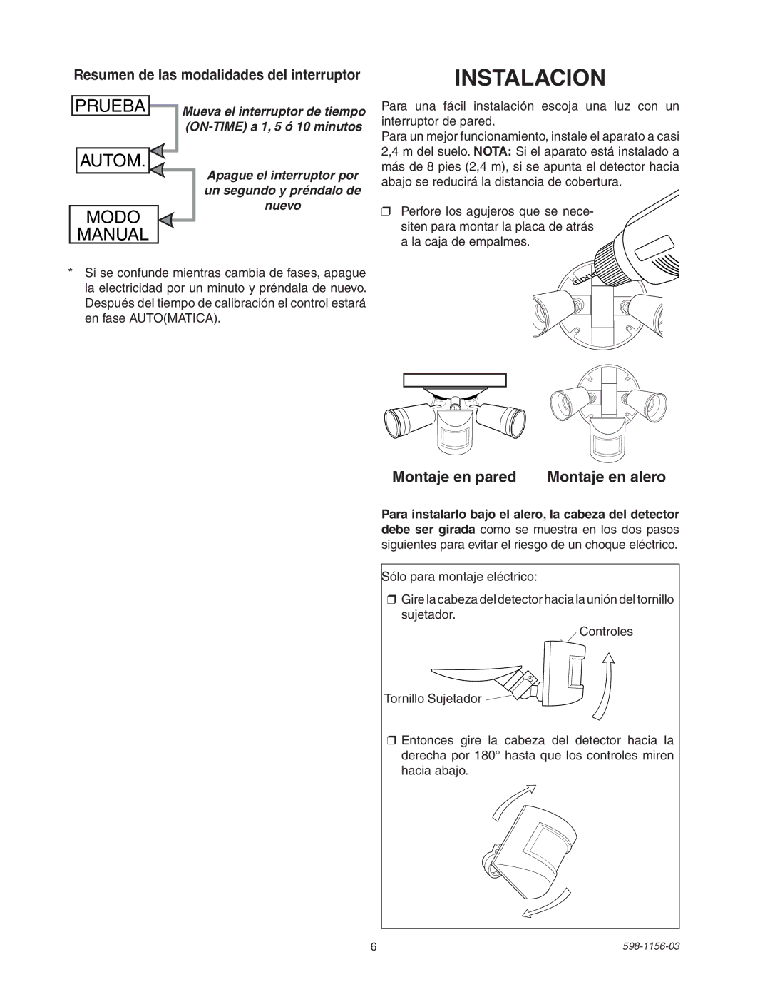 Heath Zenith SH-5408 manual Instalacion, Montaje en pared Montaje en alero 