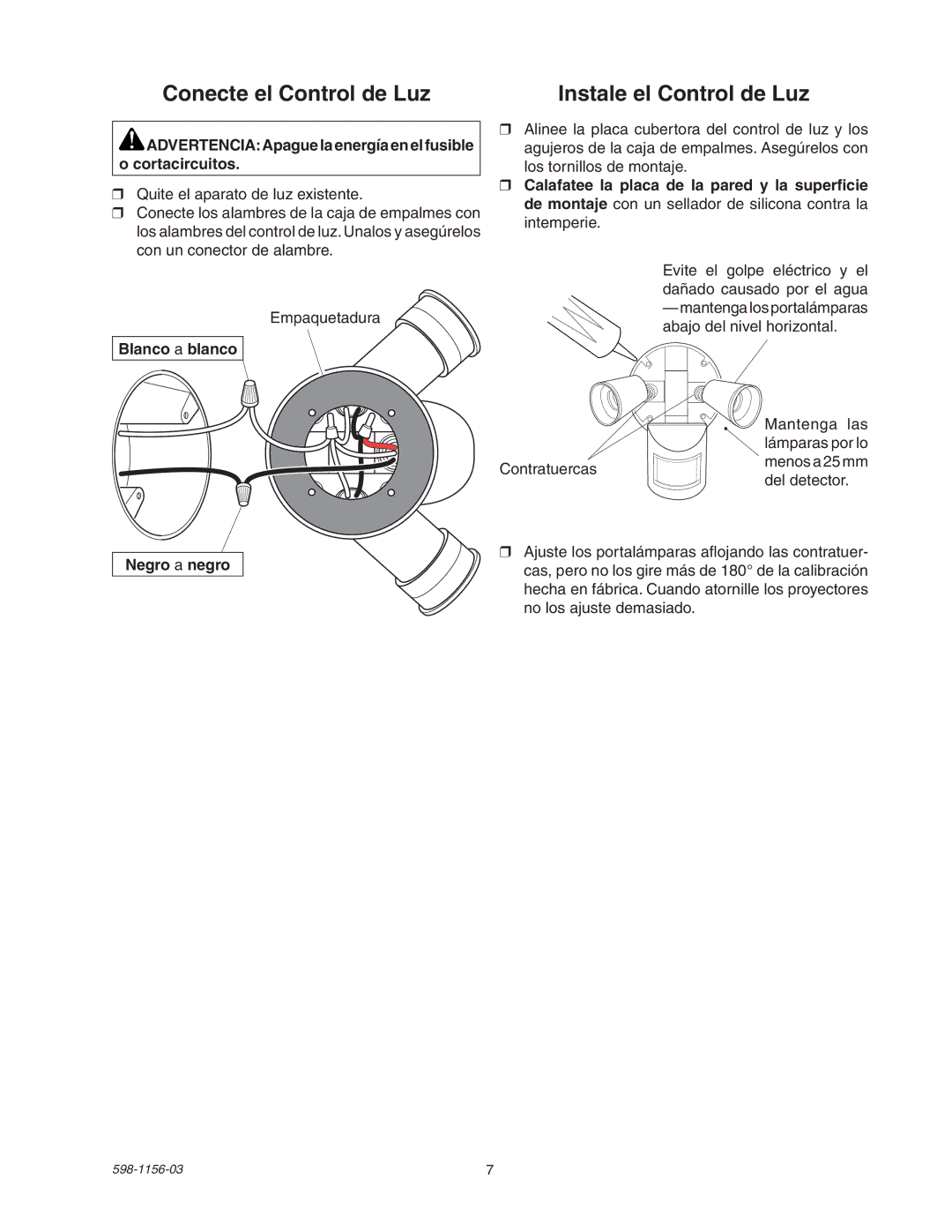 Heath Zenith SH-5408 manual ADVERTENCIAApague la energía en el fusible Cortacircuitos, Blanco a blanco Negro a negro 