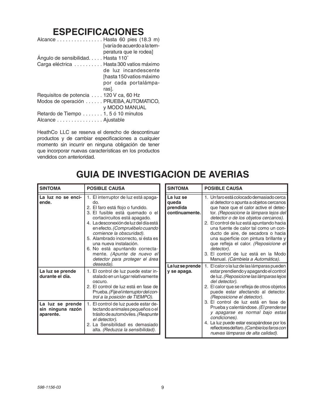 Heath Zenith SH-5408 manual Especificaciones, Guia DE Investigacion DE Averias 