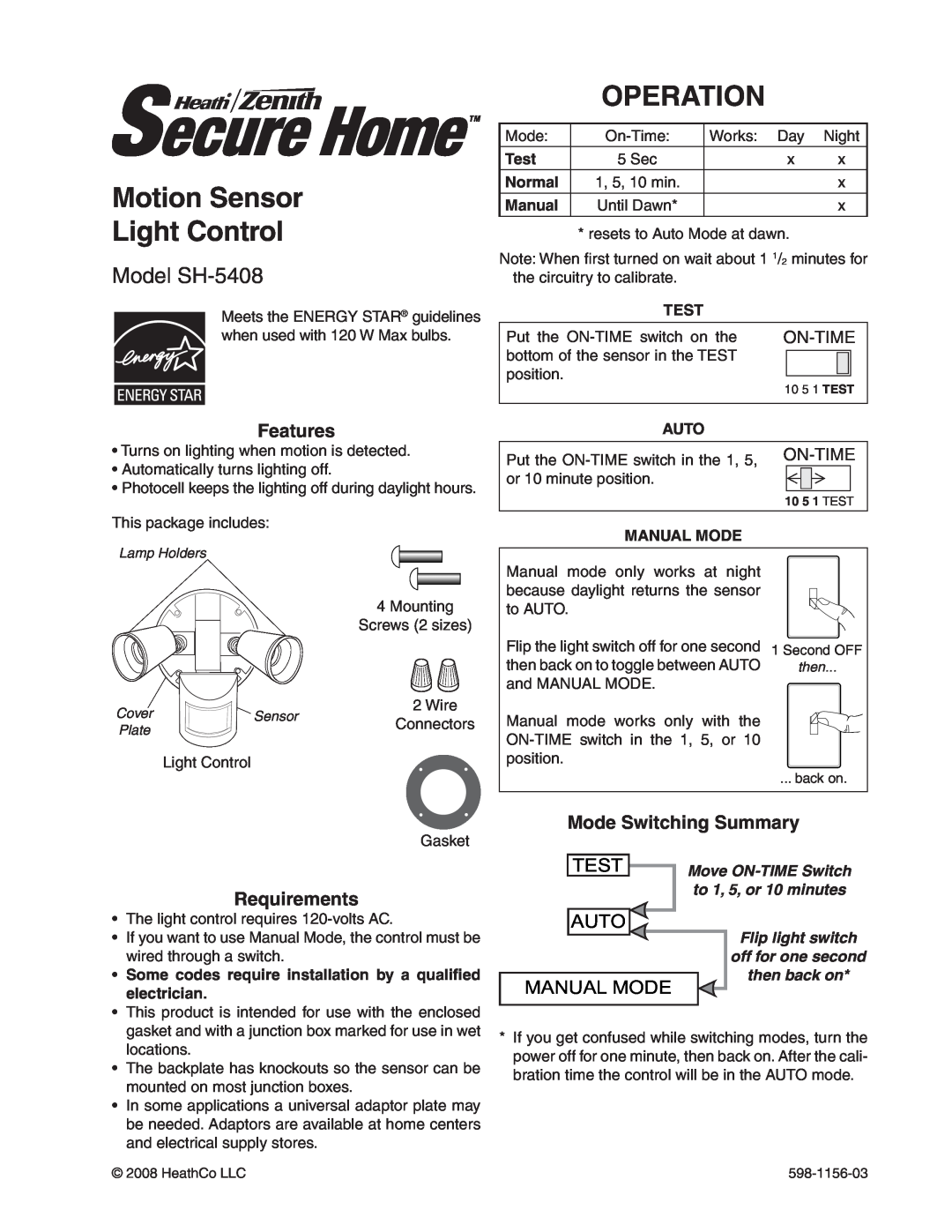 Heath Zenith manual Motion Sensor Light Control, Operation, Model SH-5408, Auto, Manual Mode, On-Time, Test, Normal 