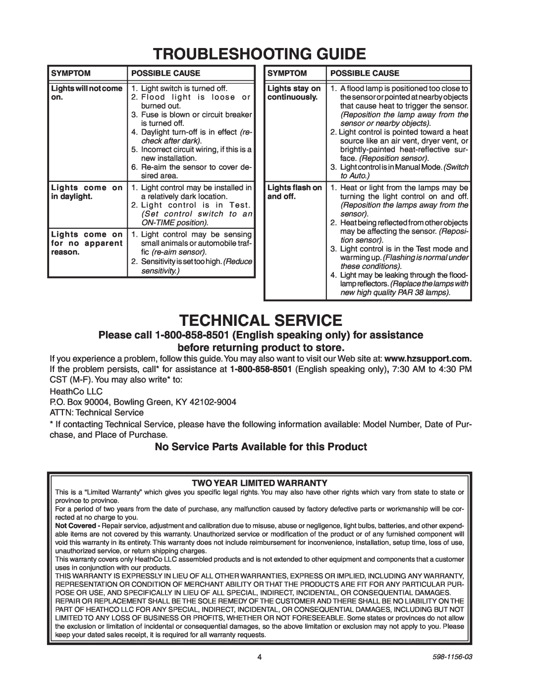 Heath Zenith SH-5408 manual Troubleshooting Guide, Technical Service, before returning product to store 