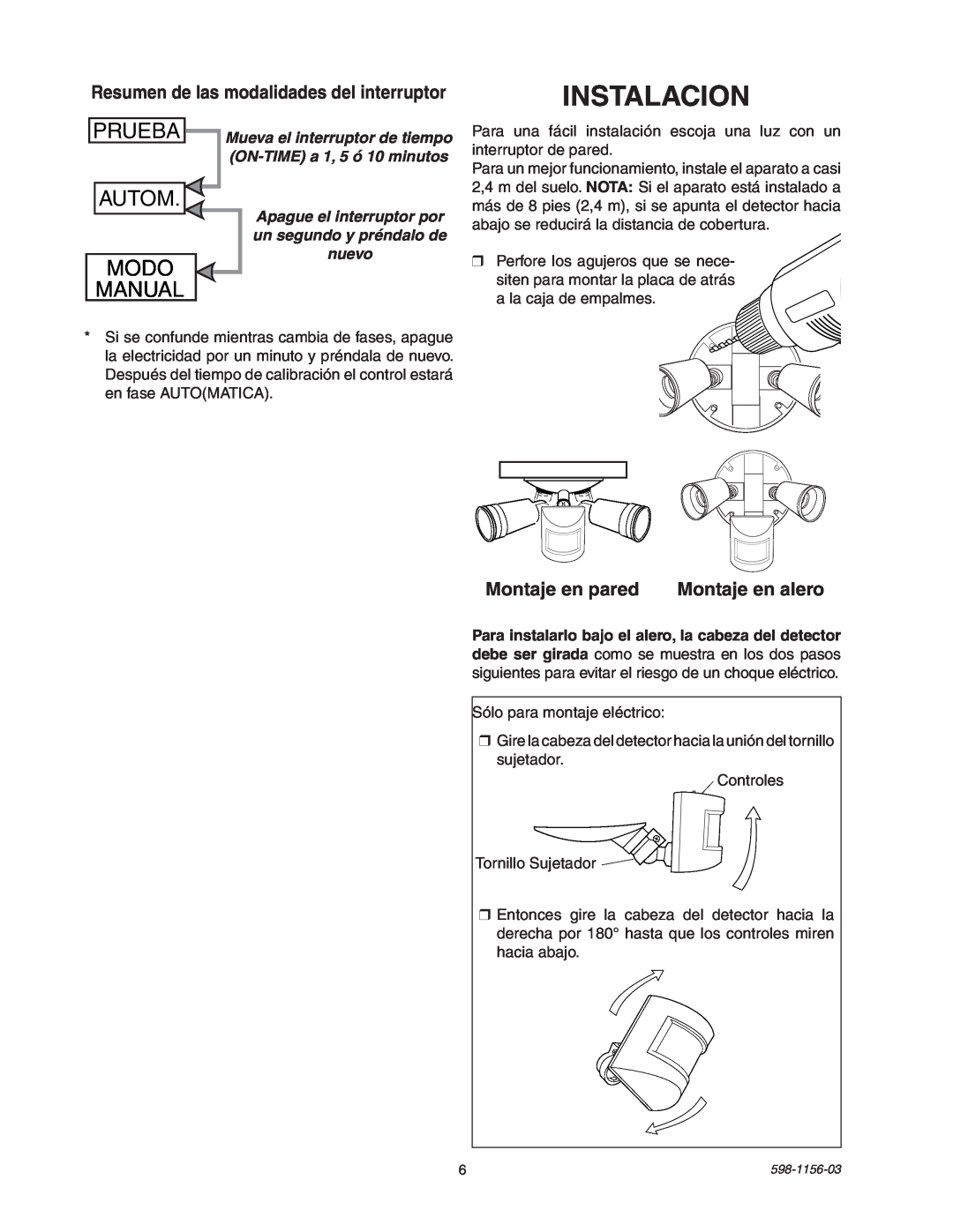 Heath Zenith SH-5408 manual Instalacion, Prueba, Autom, Modo, Manual, Resumen de las modalidades del interruptor, nuevo 