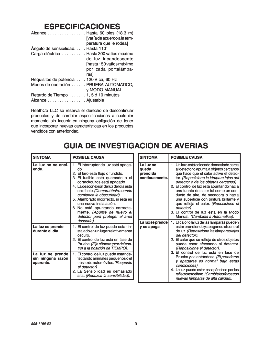 Heath Zenith SH-5408 manual Especificaciones, Guia De Investigacion De Averias 
