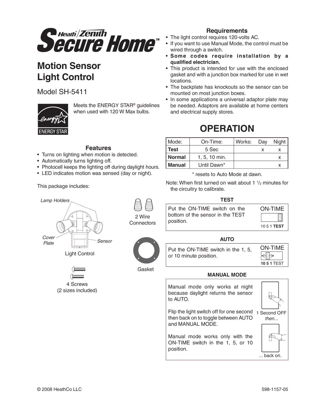 Heath Zenith SH-5411 manual Motion Sensor Light Control, Operation, Features, Requirements 