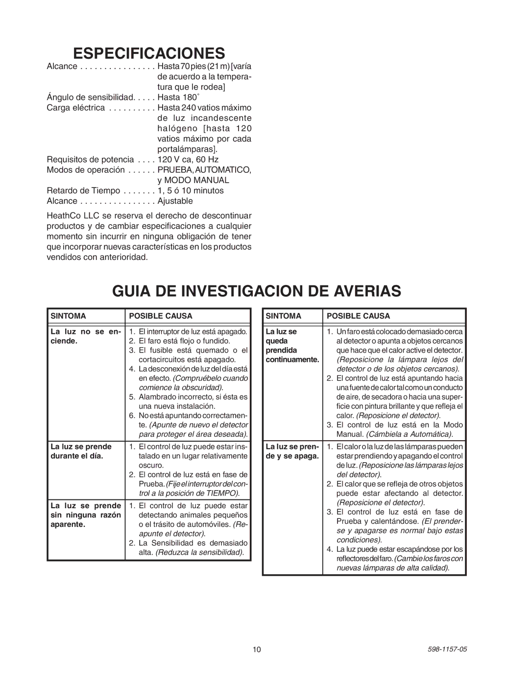 Heath Zenith SH-5411 manual Especificaciones, Guia DE Investigacion DE Averias 