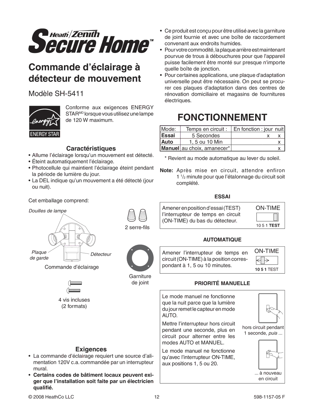 Heath Zenith SH-5411 manual Commande d’éclairage à détecteur de mouvement, Fonctionnement, Caractéristiques, Exigences 