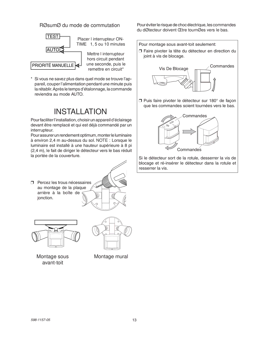 Heath Zenith SH-5411 manual Résumé du mode de commutation, Montage sous Montage mural Avant-toit 