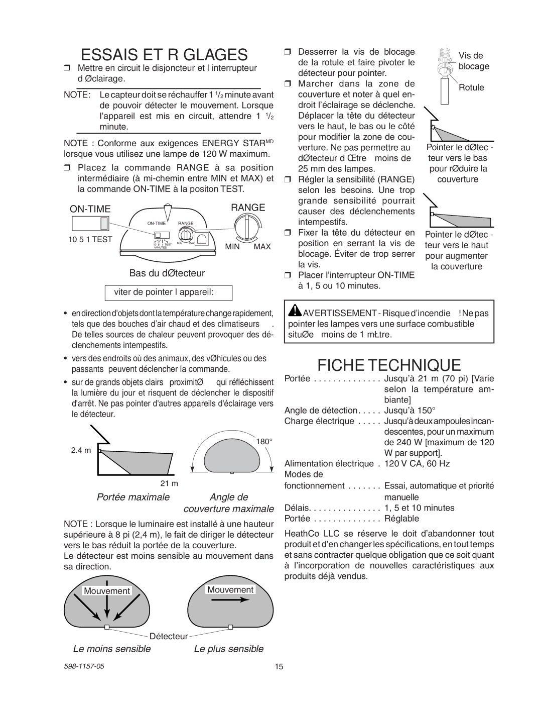 Heath Zenith SH-5411 manual Essais ET Réglages, Fiche Technique, Éviter de pointer l’appareil 