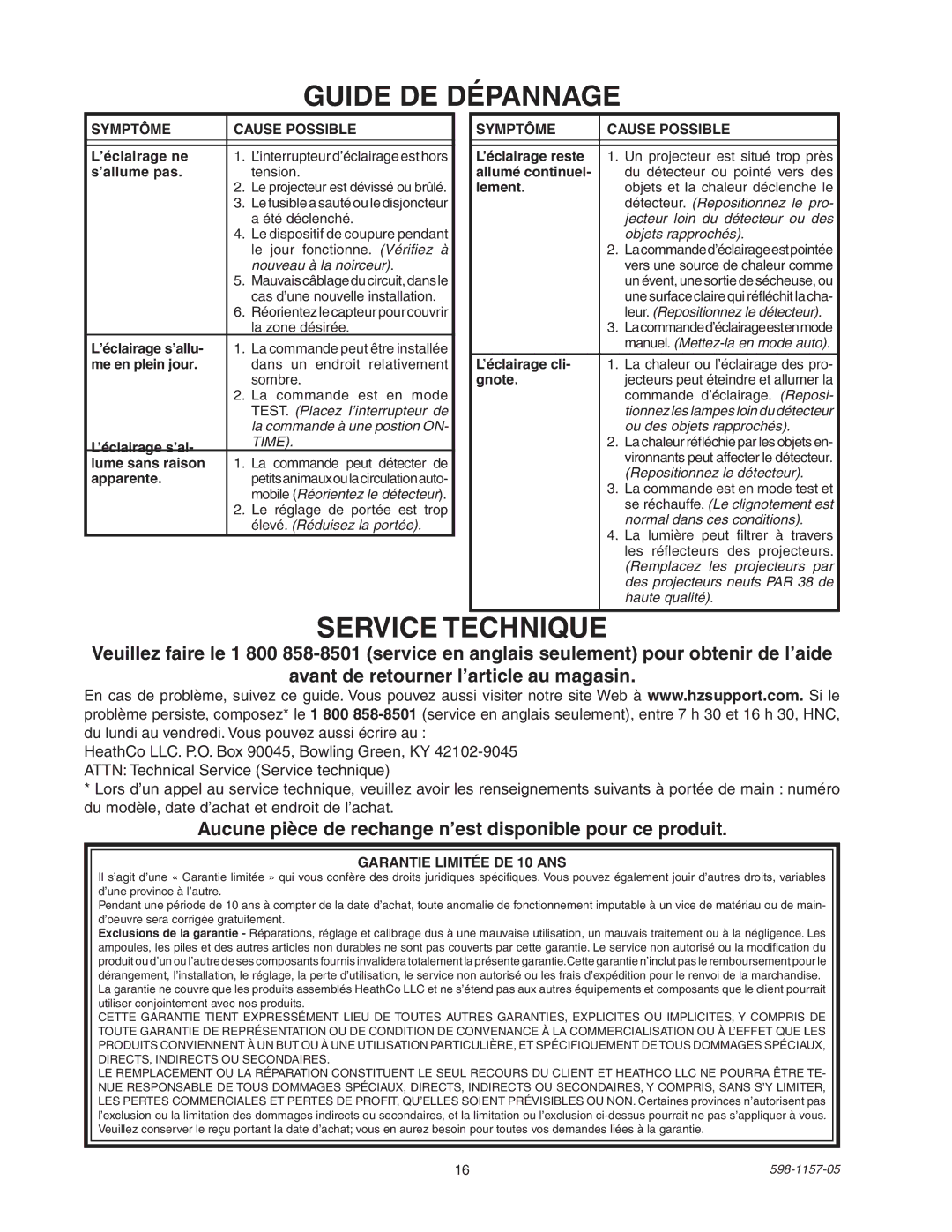 Heath Zenith SH-5411 Guide DE Dépannage, Service Technique, Aucune pièce de rechange n’est disponible pour ce produit 