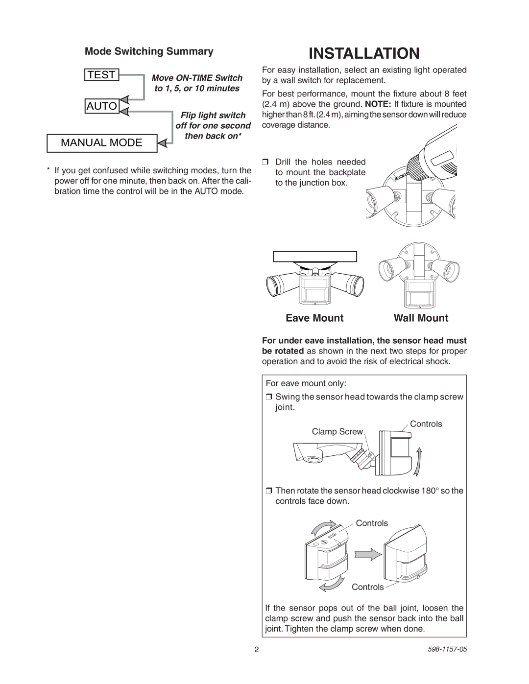 Heath Zenith SH-5411 manual Installation, Mode Switching Summary, Eave Mount Wall Mount 