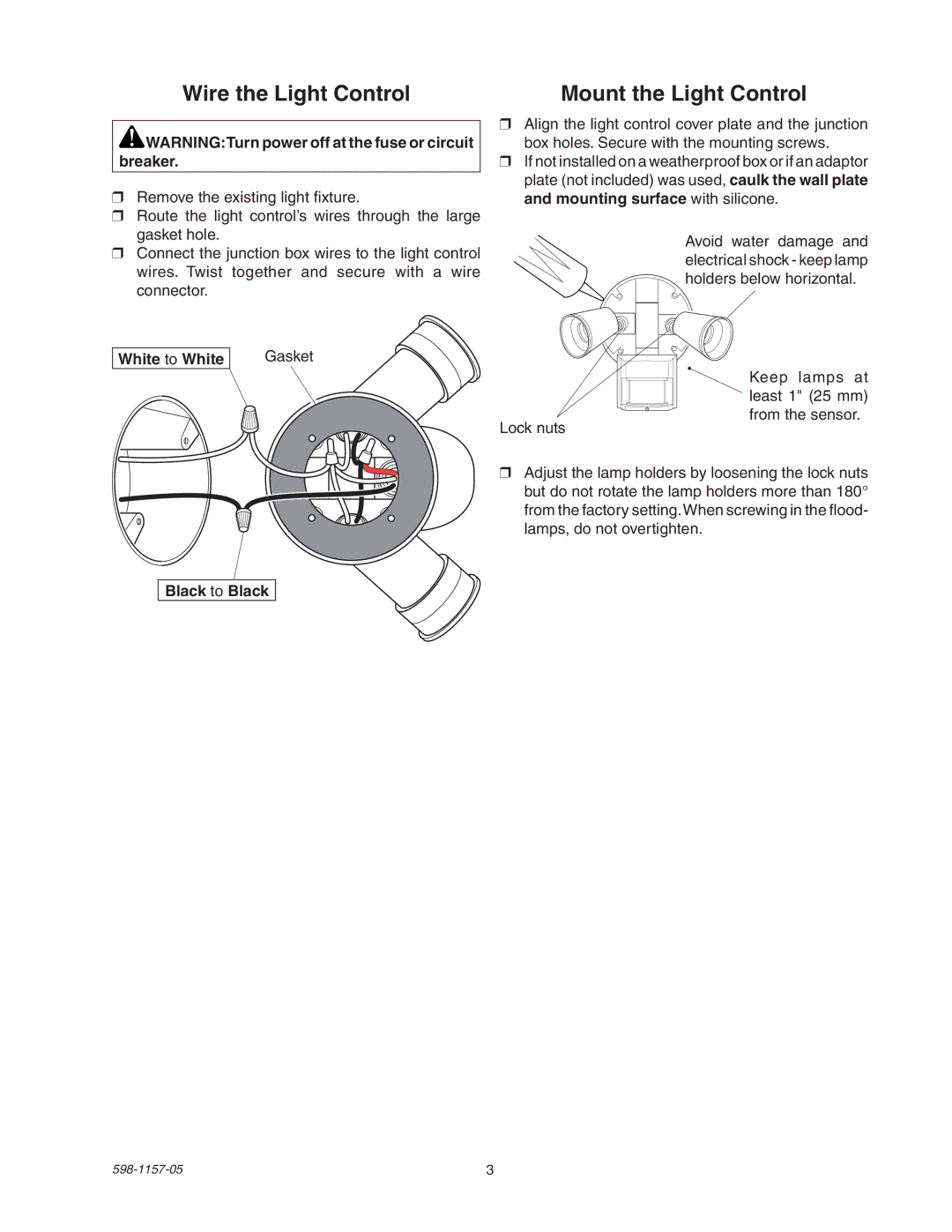 Heath Zenith SH-5411 manual White to White Gasket, Black to Black 