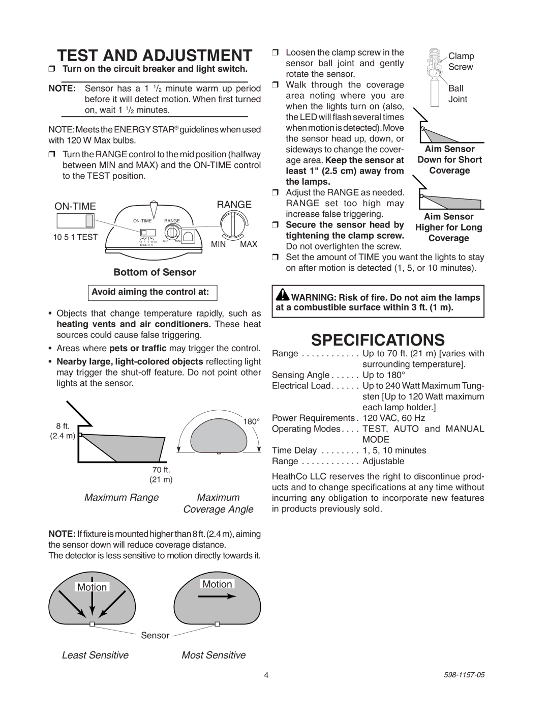 Heath Zenith SH-5411 manual Test and Adjustment, Specifications, Turn on the circuit breaker and light switch 