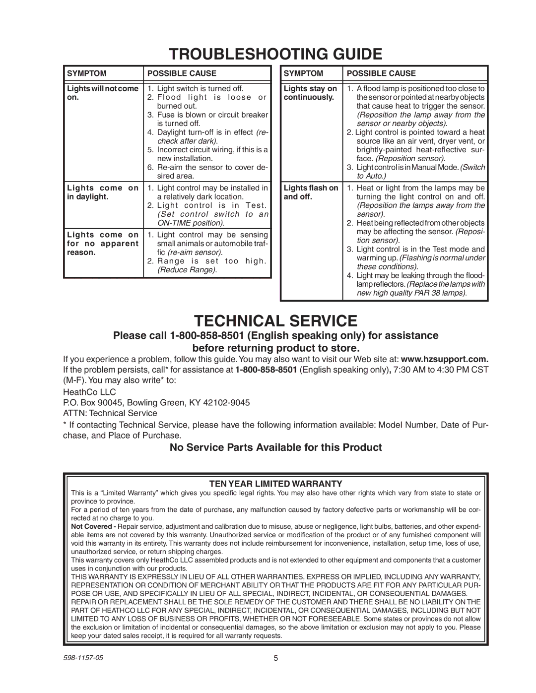 Heath Zenith SH-5411 manual Troubleshooting Guide, Technical Service, No Service Parts Available for this Product 