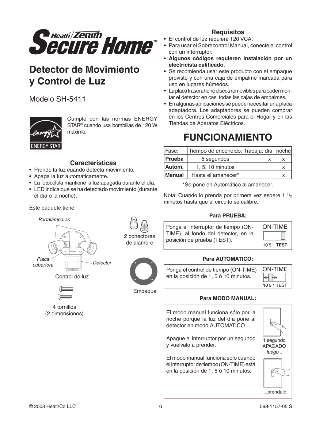 Heath Zenith SH-5411 manual Detector de Movimiento y Control de Luz, Funcionamiento, Características, Requisitos 