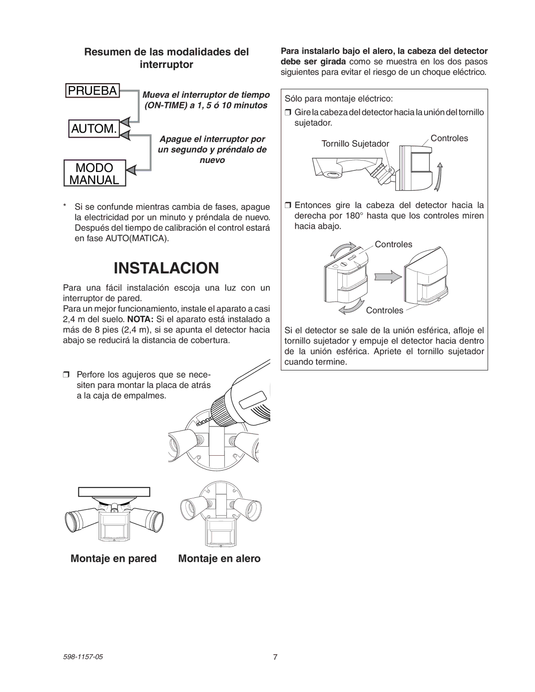 Heath Zenith SH-5411 manual Instalacion, Resumen de las modalidades del Interruptor, Montaje en pared Montaje en alero 