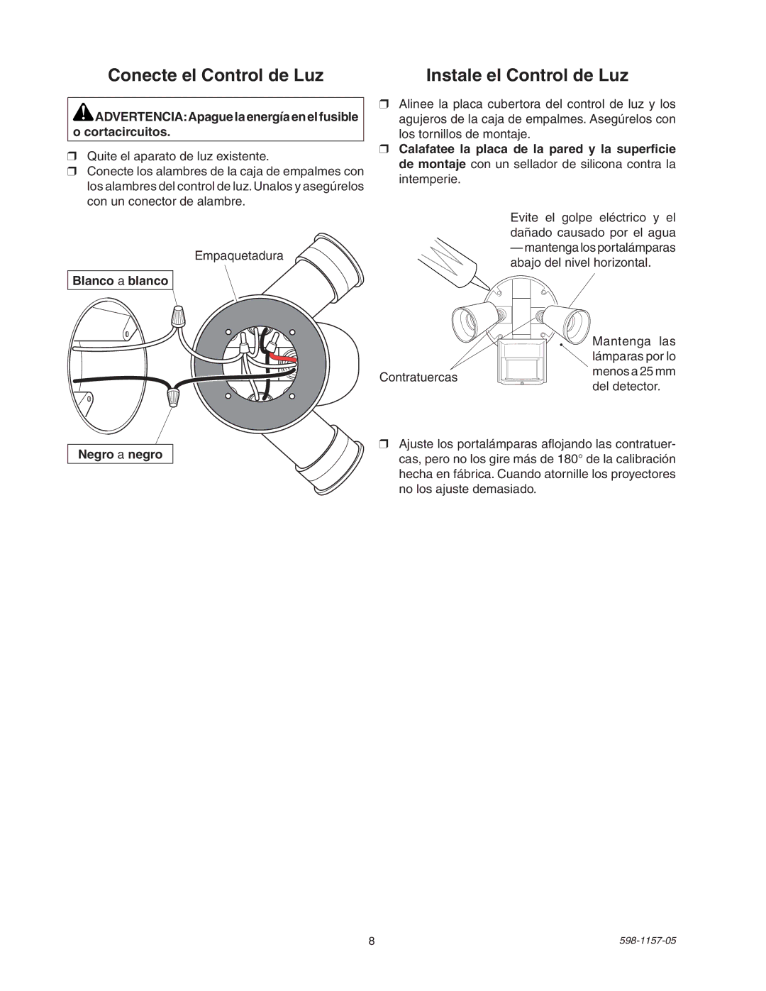 Heath Zenith SH-5411 manual ADVERTENCIAApague la energía en el fusible Cortacircuitos, Blanco a blanco, Negro a negro 