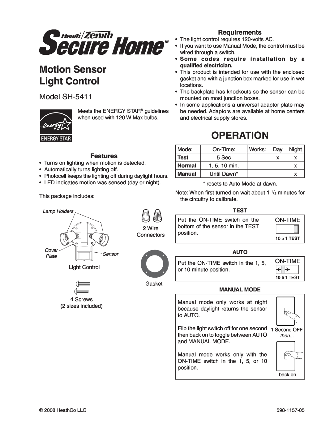 Heath Zenith manual Motion Sensor Light Control, Operation, Model SH-5411, On-Time, Test, Normal, Manual, Auto 