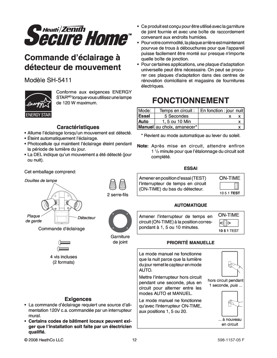 Heath Zenith manual Commande d’éclairage à détecteur de mouvement, Fonctionnement, Modèle SH-5411, Essai, Auto, Manuel 