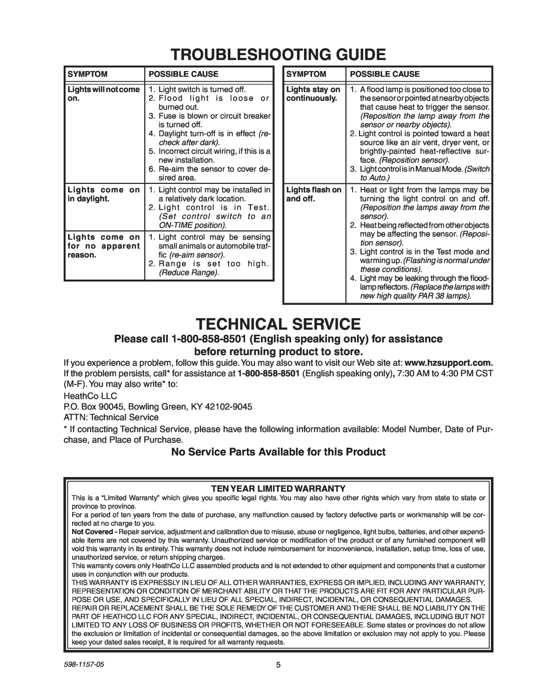 Heath Zenith SH-5411 manual Troubleshooting Guide, Technical Service, before returning product to store 