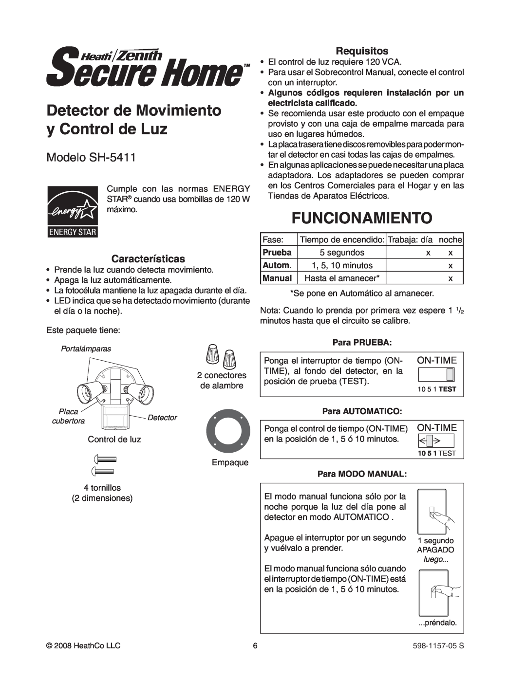 Heath Zenith Detector de Movimiento y Control de Luz, Funcionamiento, Modelo SH-5411, On-Time, Prueba, Autom, Manual 
