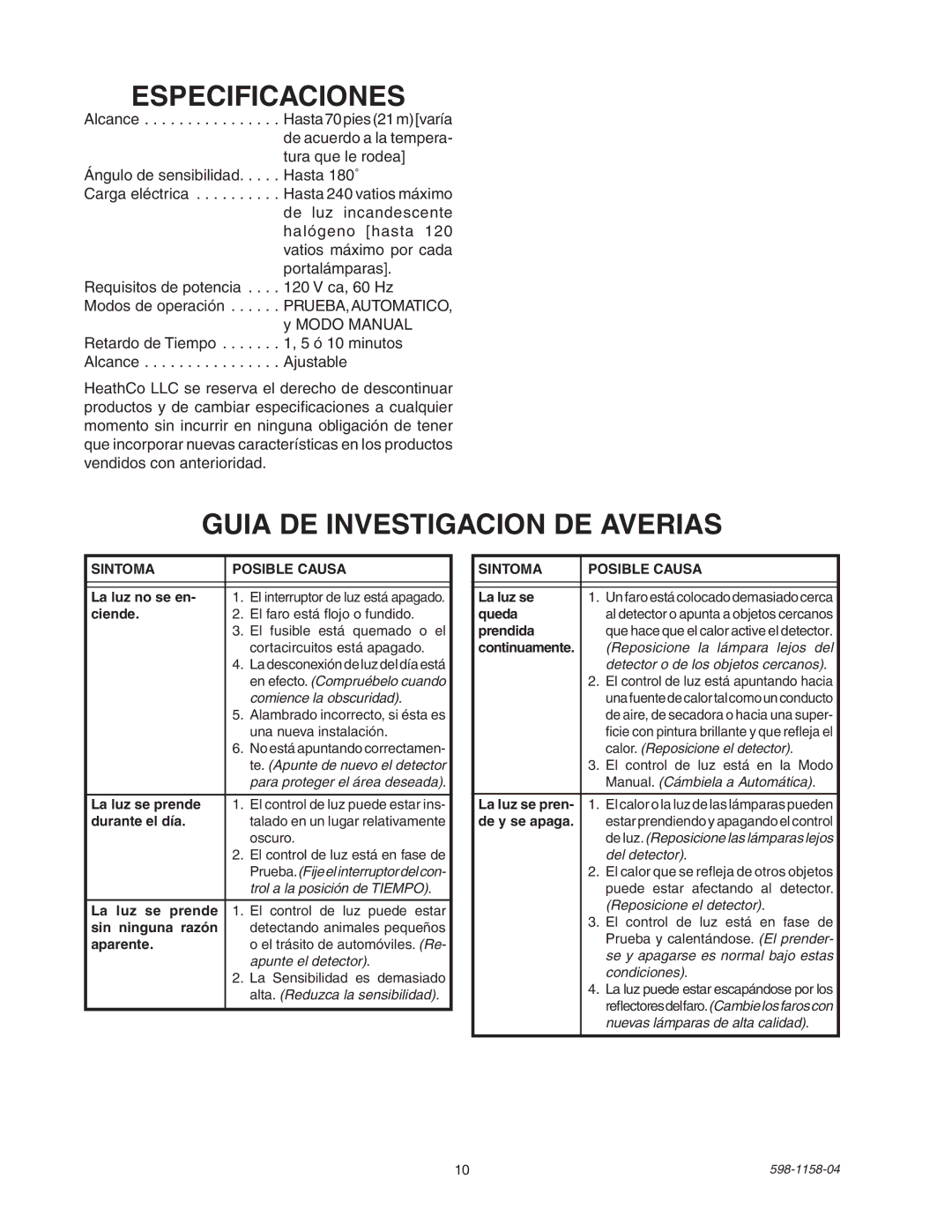 Heath Zenith SH-5412 manual Especificaciones, Guia DE Investigacion DE Averias 