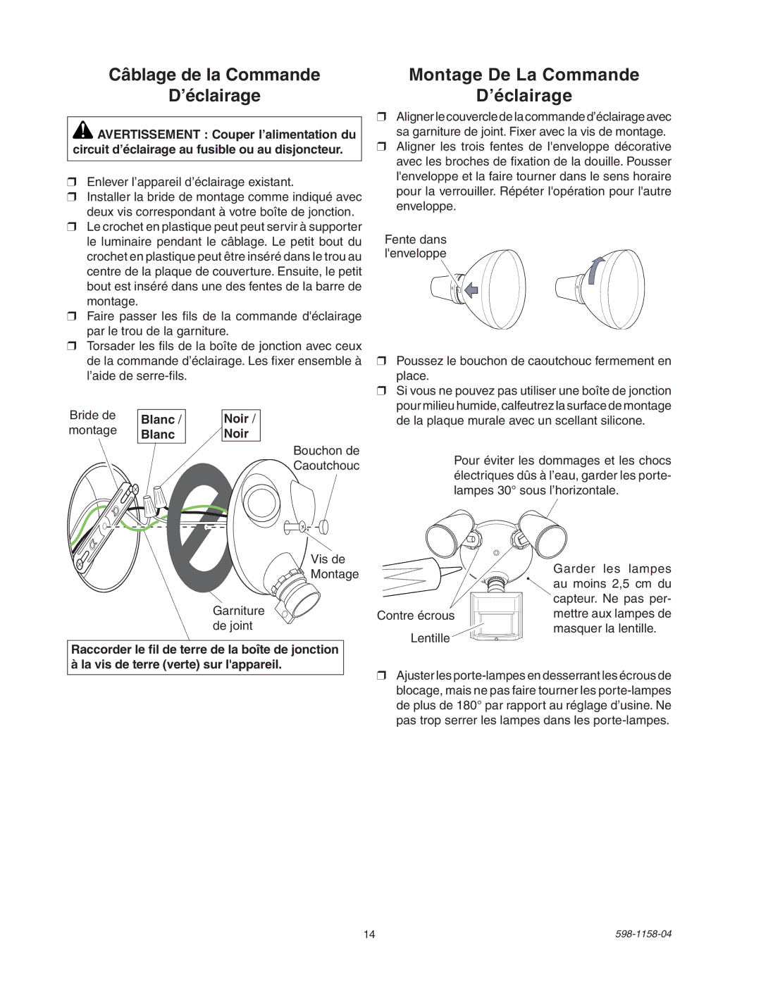 Heath Zenith SH-5412 manual Câblage de la Commande ’éclairage, Blanc Noir 