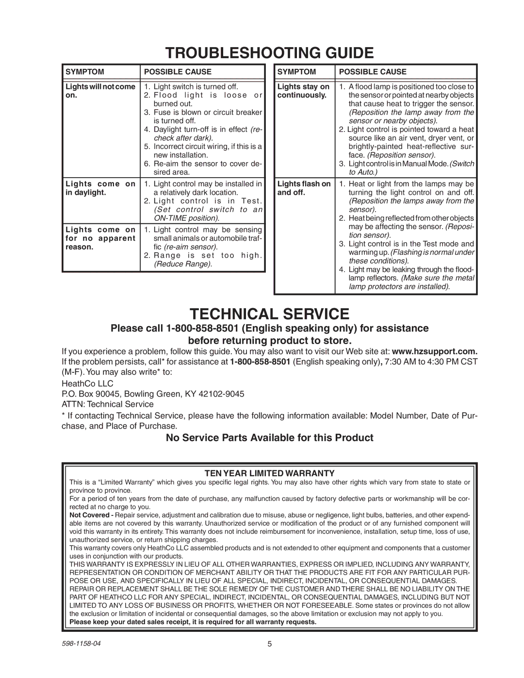 Heath Zenith SH-5412 manual Troubleshooting Guide, Technical Service, No Service Parts Available for this Product 