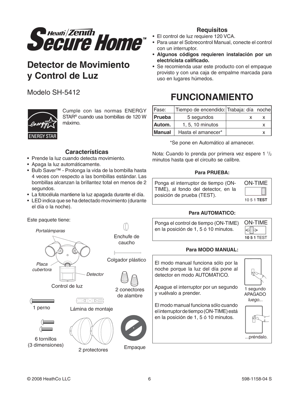 Heath Zenith SH-5412 manual Detector de Movimiento y Control de Luz, Funcionamiento, Características, Requisitos 