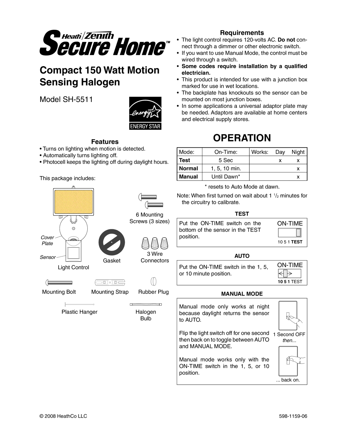 Heath Zenith SH-5511 manual Operation, Requirements, Features 