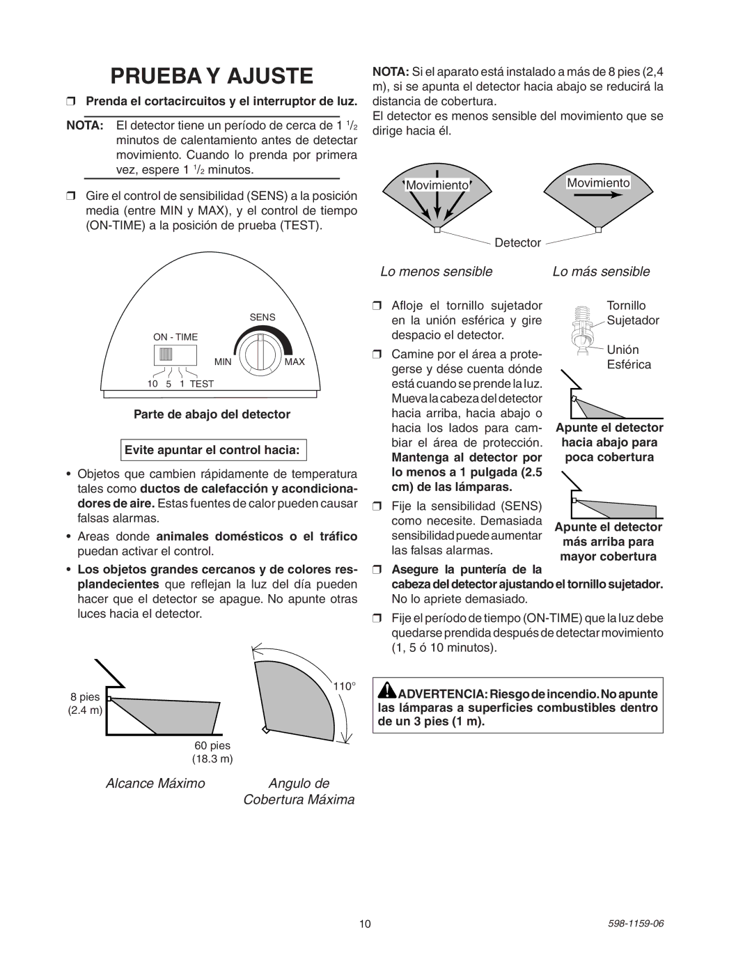 Heath Zenith SH-5511 manual Prueba Y Ajuste, Prenda el cortacircuitos y el interruptor de luz 