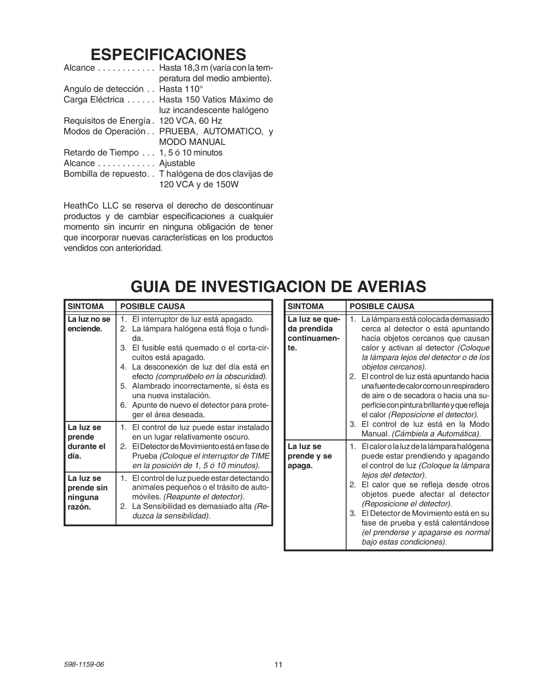 Heath Zenith SH-5511 manual Especificaciones, Guia DE Investigacion DE Averias 