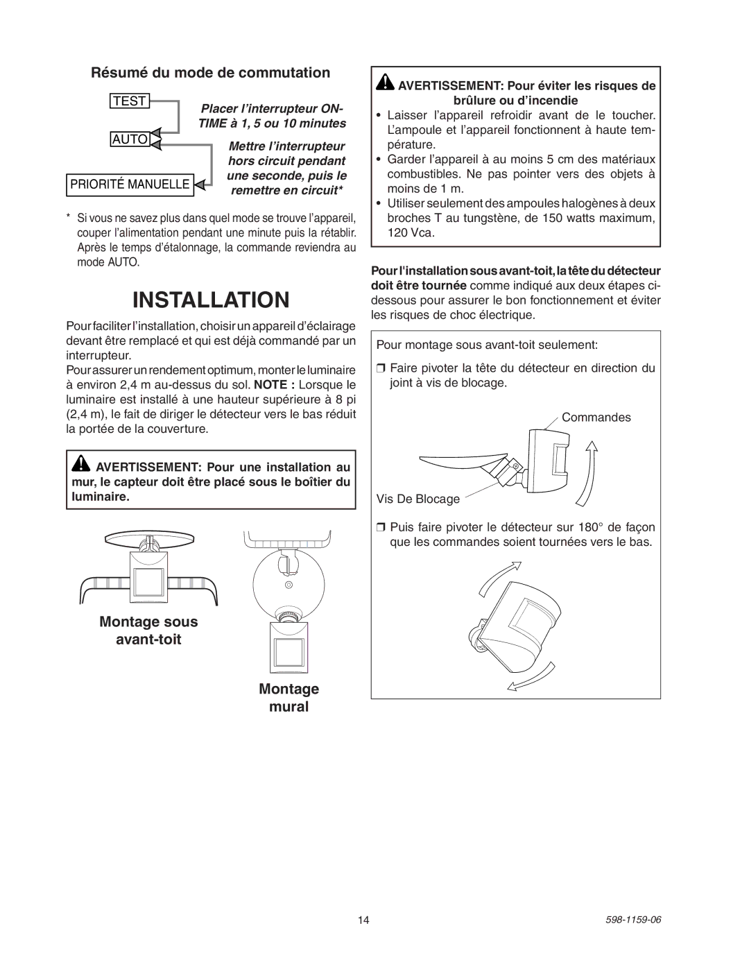 Heath Zenith SH-5511 manual Résumé du mode de commutation, Montage sous Avant-toit Mural 